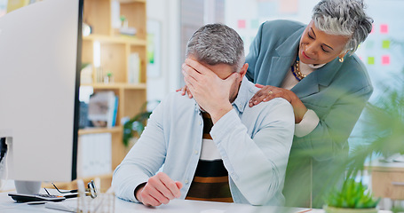 Image showing Stress, businessman and woman console in office with support for depression, mental health and anxiety for work deadline. Debt, brain fog and manager with empathy for frustrated man with problem or c