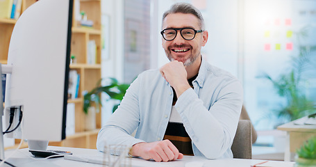 Image showing Senior businessman, working on computer or portrait in office, startup business or person with success in career goals. Happy, mature man or entrepreneur or pride in work, mission or creative mindset