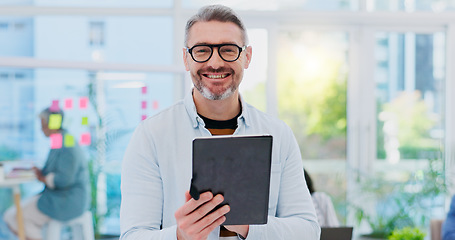 Image showing Tablet, business man and face with startup web design and internet search for digital planning. Male person, online page designer and smile with success and leadership management with technology