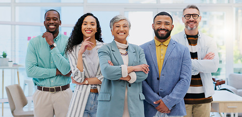 Image showing Happy creative group, team and confidence in leadership, management or about us at the office. Portrait of confident employee people with smile standing together in teamwork for startup at workplace