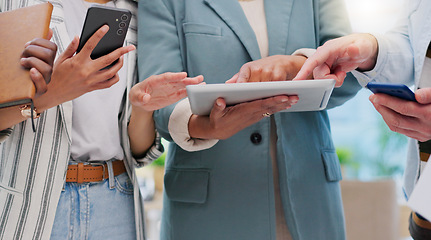 Image showing Hands pointing, tablet and collaboration of business people work on research report, online results or project data. Cooperation, teamwork and office staff review brand illustration, design or plan