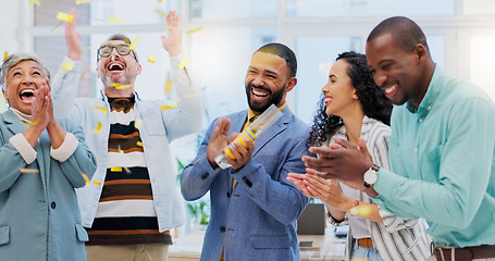 Image showing Creative people, applause and confetti in celebration for winning, team achievement or unity at office. Group of happy employees clapping in success for teamwork, promotion or startup at workplace