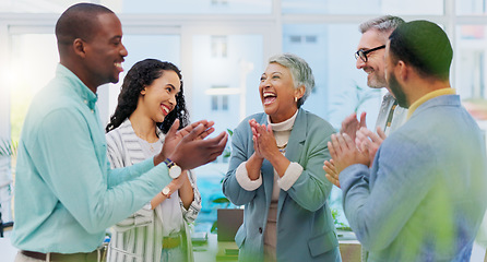 Image showing Creative people, meeting and applause in celebration for winning, team achievement or unity at the office. Group of happy employees clapping in success for teamwork, promotion or startup at workplace