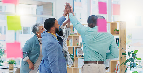 Image showing Creative people, high five and applause in celebration for team building, achievement or success at office. Group of happy employees clapping for teamwork, winning or meeting in startup at workplace