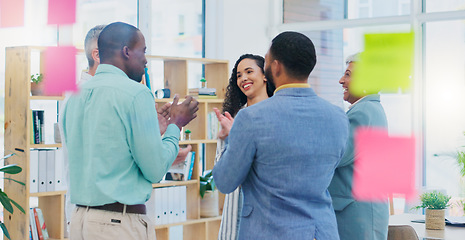 Image showing Creative people, meeting and applause in celebration for winning, team achievement or unity at the office. Group of happy employees clapping in success for teamwork, promotion or startup at workplace