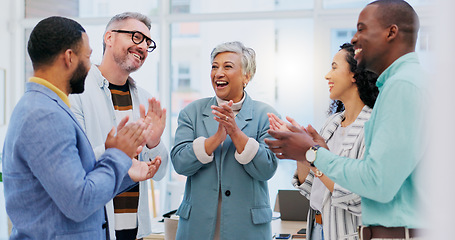 Image showing Creative people, meeting and applause in celebration for winning, team achievement or unity at the business office. Group of happy employees clapping in success for teamwork, promotion or startup at