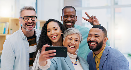 Image showing Creative people, selfie and team building in meeting for photo, memory or vlog at the office. Goofy, silly or humor group smile in teamwork for funny picture, social media or startup at the business