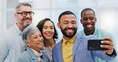 Image showing Creative people, happy team and selfie in meeting for photo, memory or online vlog at the office. Group of business employees smile in teamwork for fun picture, social media or startup at the workpla