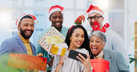 Image showing Creative people, Christmas and selfie for party celebration, festive season or December holiday at office. Happy group of employees smile at work event for gifts, surprise or photo in memory and vlog