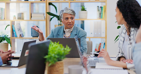 Image showing Meeting, teamwork and business people in discussion with idea for project, marketing strategy and startup. Corporate, collaboration and men and women in office for task, proposal and brainstorming