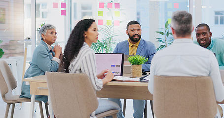 Image showing Meeting, discussion and business people brainstorming ideas for project, marketing strategy and goals. Teamwork, collaboration and men and women in office for planning, proposal and conversation