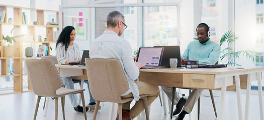 Image showing Meeting, agency and business people in the morning brainstorming in a office of employees planning. Startup, strategy and professional team in collaboration as teamwork in development in company