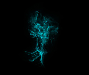 Image showing Blue smoke, studio and cloud with aura fog, gas and creative art with black background and magic effect. Steam, mystical swirl and colourful mist and vapor form with air and abstract creativity