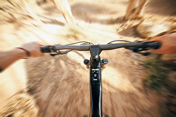 Image showing POV, mountain bike and cycling, man with speed for sports and training in fast adventure. Professional dirt race action, off road bicycle handlebars at competition or performance challenge in woods.