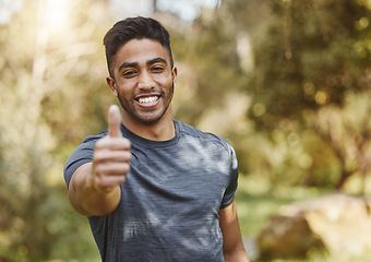 Image showing Happy man, portrait and thumbs up in nature for workout, training or outdoor fitness achievement. Male person, athlete or runner smile with like emoji, yes sign or OK in success, exercise or good job