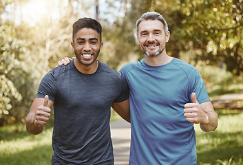 Image showing Happy man, portrait and friends in nature with thumbs up for fitness, training or workout together. Male person, athlete or runners smile and like emoji, yes sign or OK in success or outdoor exercise