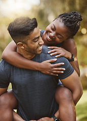 Image showing Fitness, nature and couple piggy back outdoors for exercise, training and running for cardio workout. Dating, happy and interracial man carrying woman for wellness, healthy body and sports in park