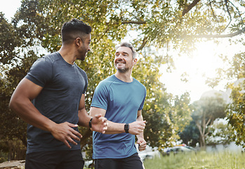 Image showing Running team, fitness and men in nature park with cardio, athlete and support for sports and health. Exercise friends, diversity and runner club, healthy and training for race outdoor with workout