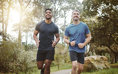 Image showing Running team, fitness and men in forest with cardio, athlete with personal trainer for support in sports and health. Exercise friends, diversity and runner club, healthy and training for race outdoor