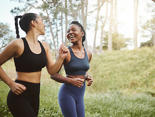 Image showing Running team, fitness and women in park with cardio, athlete and support for sports and health. Exercise friends, diversity and runner club, happy with training for race outdoor and workout in nature