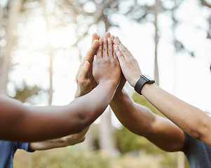 Image showing Hands, high five with exercise group and support in team of people outdoor, help and success with training. Huddle, collaboration or partnership with solidarity, trust in fitness community with goals