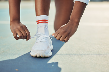 Image showing Hands, tie shoes and start tennis game, person on court with fitness and sports outdoor. Closeup, training and competition with sneakers, health and active professional player with performance