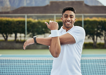 Image showing Man, court and stretching before tennis game for fitness, exercise and workout outdoor in Cape Town. Portrait, person and arm training for sport competition, challenge and wellness with happiness