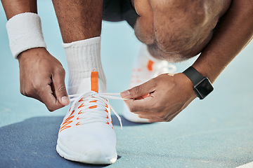 Image showing Hands, shoelace and start tennis game, person on court with fitness and sports outdoor. Closeup, training and competition with sneakers, health and active professional player with performance