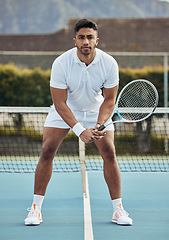 Image showing Man, portrait with fitness on tennis court and start game, sports and athlete for performance and competition. Health, ready for match and professional player on outdoor turf with exercise and racket