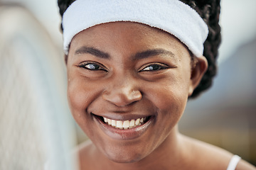 Image showing Fitness, happy and portrait of woman tennis player with a racket practicing to play a match at stadium. Sports, smile and young African female athlete with equipment training on court for tournament.