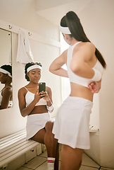 Image showing Tennis, picture and women in change room of sports club with photo for social media wellness and fitness post. Phone, training and influencer friends live streaming online together at exercise