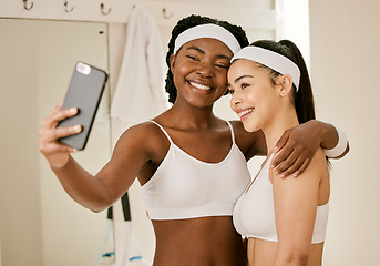 Image showing Happy woman, tennis and friends in selfie, photography or memory together after match or game. Athlete or players smile and hug in picture, photograph or social media vlog for team sports and fitness