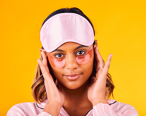Image showing Beauty, morning and portrait of woman with skincare patch for eyes isolated in studio yellow background for dermatology. Facial, detox and young person calm for care and relax with cosmetic mask