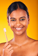 Image showing Woman, smile and portrait for dental, toothbrush and teeth for health, happy and hygiene by studio background. Person, treatment and whitening or clean, oral and brushing teeth for wellness in mouth