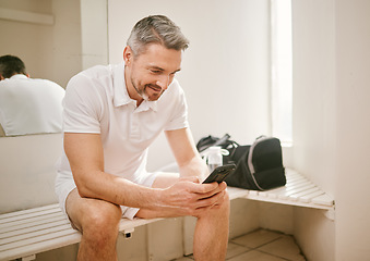 Image showing Tennis, phone and man typing on social media after exercise, workout or training in a sports club change room. Smile, connection and athlete chatting on mobile app for communication online or web