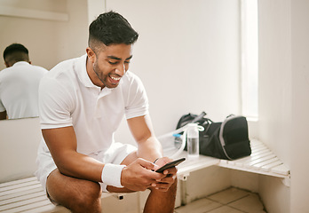 Image showing Happy man, tennis and phone in social media for communication, networking or online search. Male person, athlete or player smile for texting, typing or chatting on mobile smartphone or sports app