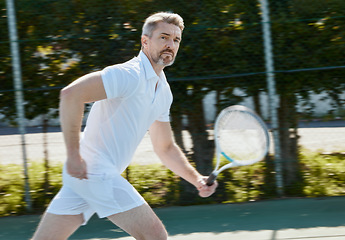 Image showing Senior, fitness and portrait of man at a court for tennis, training or outdoor cardio workout. Sports, face and elderly male athlete with racket game practice, exercise and club performance challenge