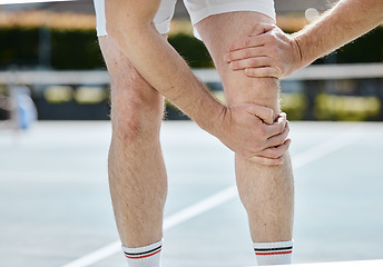 Image showing Knee pain, person with injury and fitness, athlete outdoor with medical emergency and joint inflammation. Health, wellness and hands holding leg outdoor, sport accident and anatomy with fibromyalgia