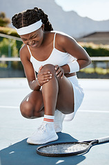 Image showing Sports, tennis and black woman with knee injury, medical crisis or first aid problem, mistake or broken leg, joint pain or risk. Hurt African player, court and workout accident from training practice
