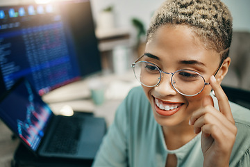 Image showing Glasses, business and thinking with a happy woman in office with statistics, investment data or analytics. Stock market, online exchange and face of broker analysis, research and equity trading