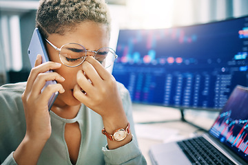 Image showing Frustrated woman, phone call and headache in trading, fail or mistake from stock market crash at office. Broker in debt, stress or anxiety listening on smartphone to angry client after bad investment