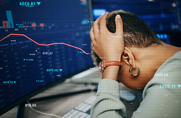 Image showing Trader, stress and stock market overlay, computer screen and trading mistake, bankruptcy or finance crisis, Sad business person with headache or depression, cryptocurrency fail and red graph for risk