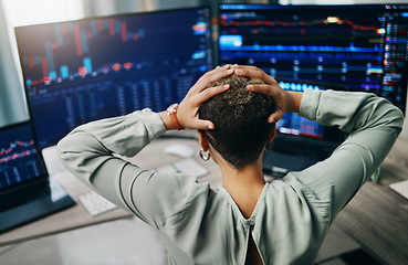 Image showing Woman headache, computer screen and stock market crash, trading mistake or bankruptcy crisis, debt or fail. Back of business trader with stress for web statistics, data analytics and wrong investment
