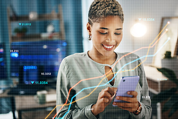 Image showing Woman, phone and trading in double exposure, stock market investment and profit, sales or growth at home office. Trader or african entrepreneur on mobile app for finance, statistics and data overlay