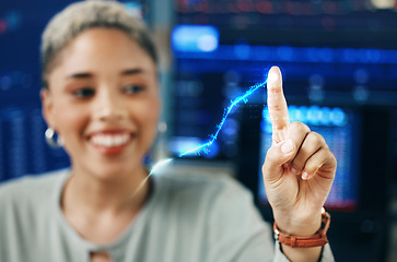 Image showing Woman, finger and network hologram of data analytics, software development or information technology at night. African person in IT or tech business and hand on digital, 3d screen for blue connection