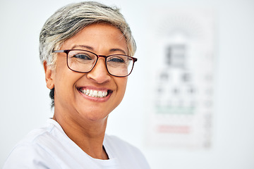 Image showing Senior woman, face and smile with glasses, vision and eye care in optometry clinic for eyesight test and chart. Happy in portrait, glaucoma and frame with prescription lens eyewear and mockup space