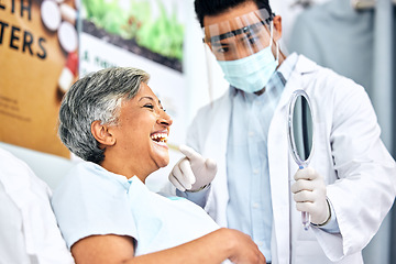 Image showing Dental, healthcare or mirror with a dentist and patient consulting in an oral hygiene appointment. Teeth, cleaning and mature woman client at the orthodontist for a medical checkup to prevent decay
