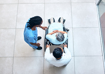 Image showing Wheelchair, hospital and senior patient above with nurse, helping and support with healthcare. Doctor, clinic and surgery care of an elderly man with mobility disability ready for doctor consultation