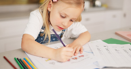 Image showing Education, homeschool and child writing, color and learning for development, growth and kindergarten homework. Home study, drawing and happy girl with school project in notebook on kitchen counter.