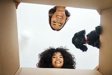 Image showing Portrait, happy and lesbian couple with dog and box for moving, unpacking or a new house from below. Love, home and lgbt women with pet and package for packing, real estate or relocation to apartment